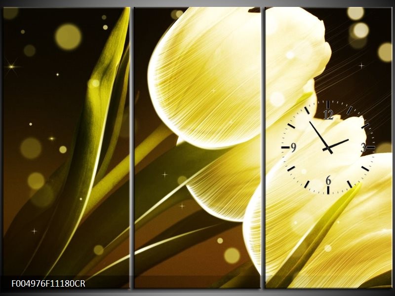 Klok schilderij Tulp | Geel, Bruin | 111x80cm 3Luik