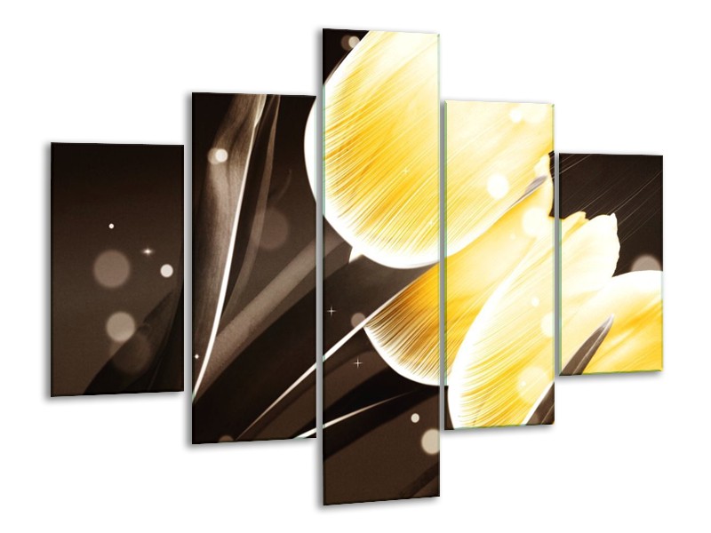 Canvas schilderij Tulp | Geel, Bruin | 100x70cm 5Luik