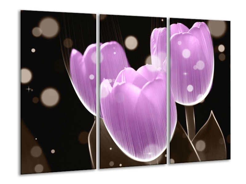 Canvas schilderij Tulp | Paars, Zwart | 120x80cm 3Luik