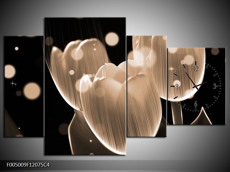 Klok schilderij Tulp | Grijs, Zwart | 120x75cm 4Luik