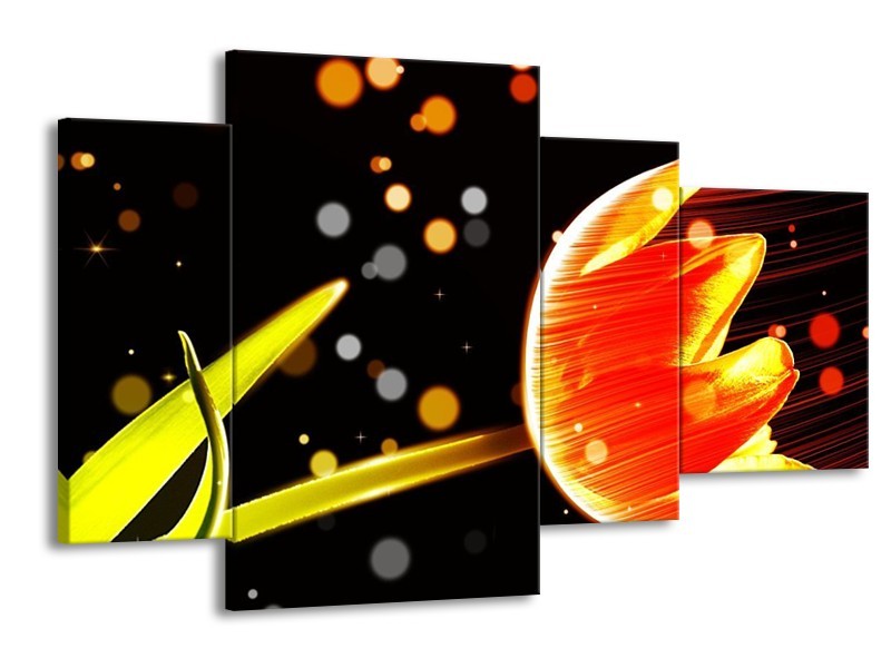Canvas schilderij Tulp | Oranje, Zwart | 120x75cm 4Luik