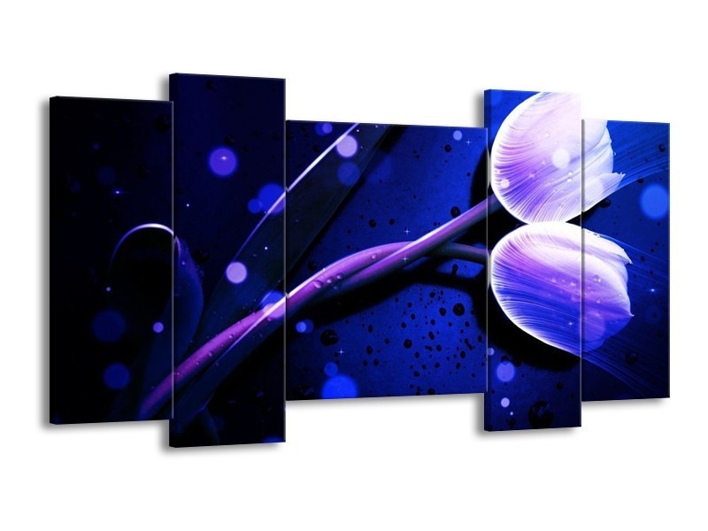 Canvas schilderij Tulp | Blauw, Paars, Wit | 120x65 5Luik