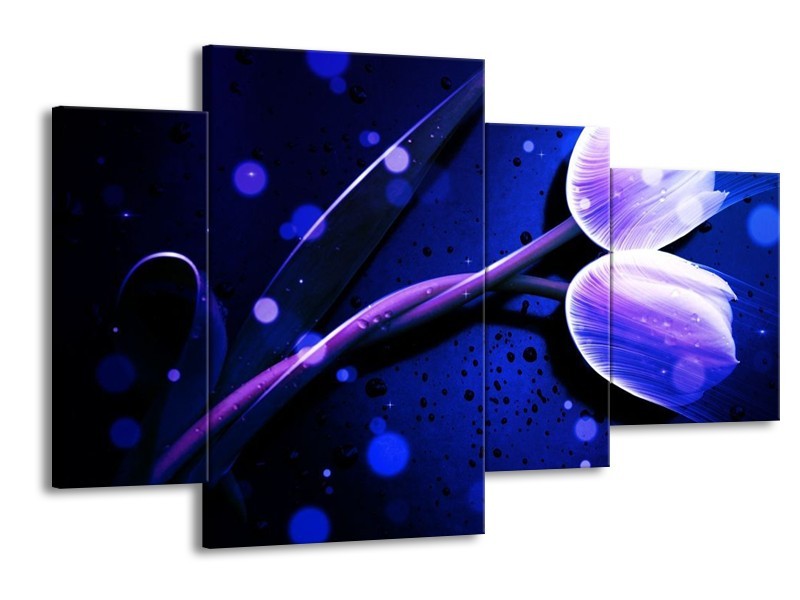 Canvas schilderij Tulp | Blauw, Paars, Wit | 120x75cm 4Luik