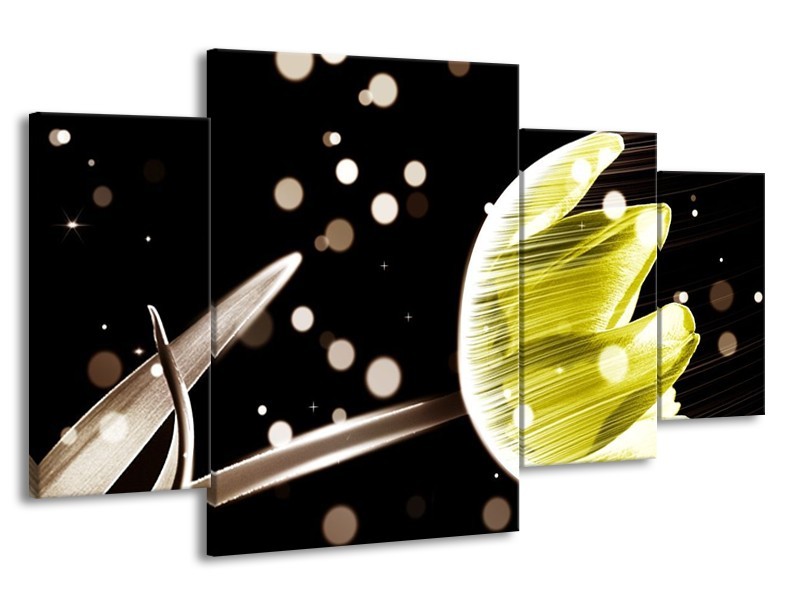 Canvas schilderij Tulp | Zwart, Geel | 160x90cm 4Luik