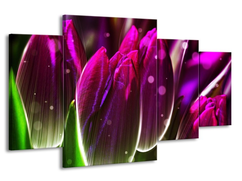 Canvas schilderij Tulp | Paars, Groen | 160x90cm 4Luik