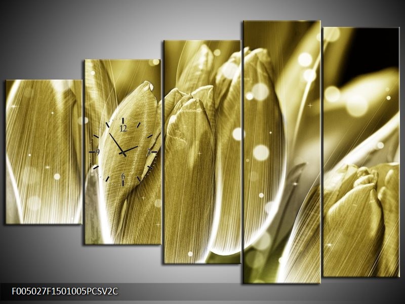 Klok schilderij Tulp | Goud, Wit | 150x100cm 5Luik