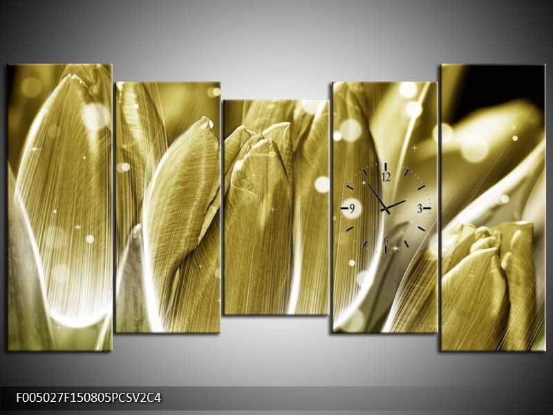 Klok schilderij Tulp | Goud, Wit | 150x80cm 5Luik