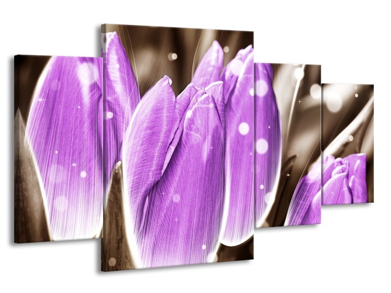Canvas schilderij Tulp | Paars, Grijs | 160x90cm 4Luik