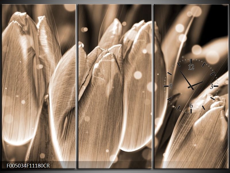 Klok schilderij Tulp | Grijs, Zwart | 111x80cm 3Luik