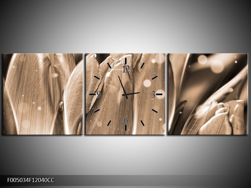 Klok schilderij Tulp | Grijs, Zwart | 120x40cm 3Luik