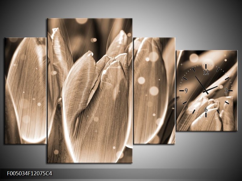 Klok schilderij Tulp | Grijs, Zwart | 120x75cm 4Luik