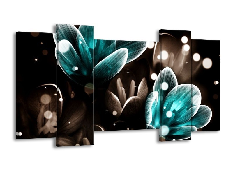 Canvas schilderij Bloem | Blauw, Grijs, Zwart | 120x65 5Luik
