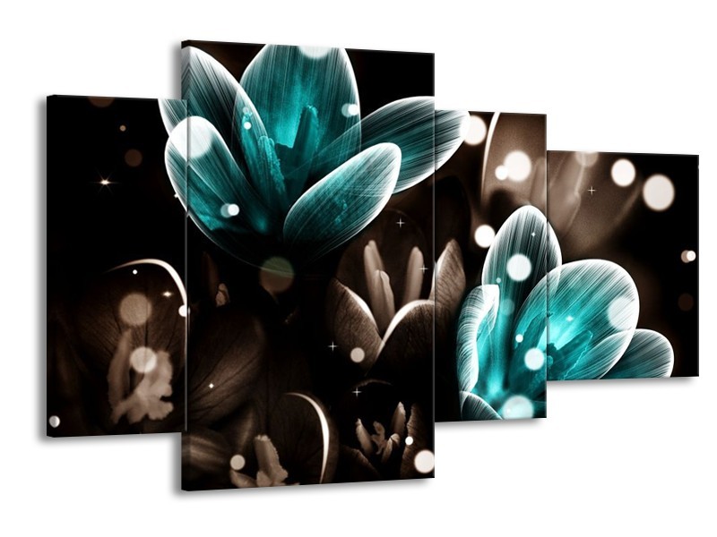 Canvas schilderij Bloem | Blauw, Grijs, Zwart | 120x75cm 4Luik