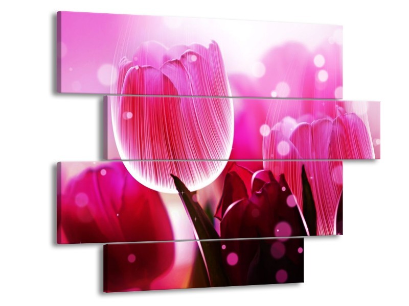 Canvas schilderij Tulp | Roze, Wit, Grijs | 115x85cm 4Luik