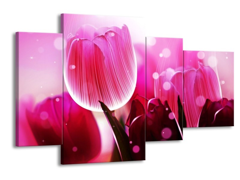 Canvas schilderij Tulp | Roze, Wit, Grijs | 120x75cm 4Luik