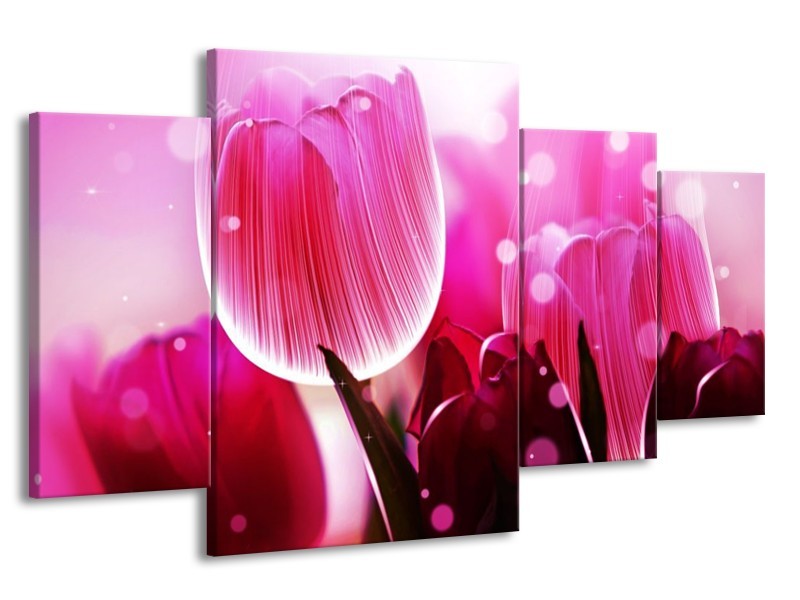Canvas schilderij Tulp | Roze, Wit, Grijs | 160x90cm 4Luik