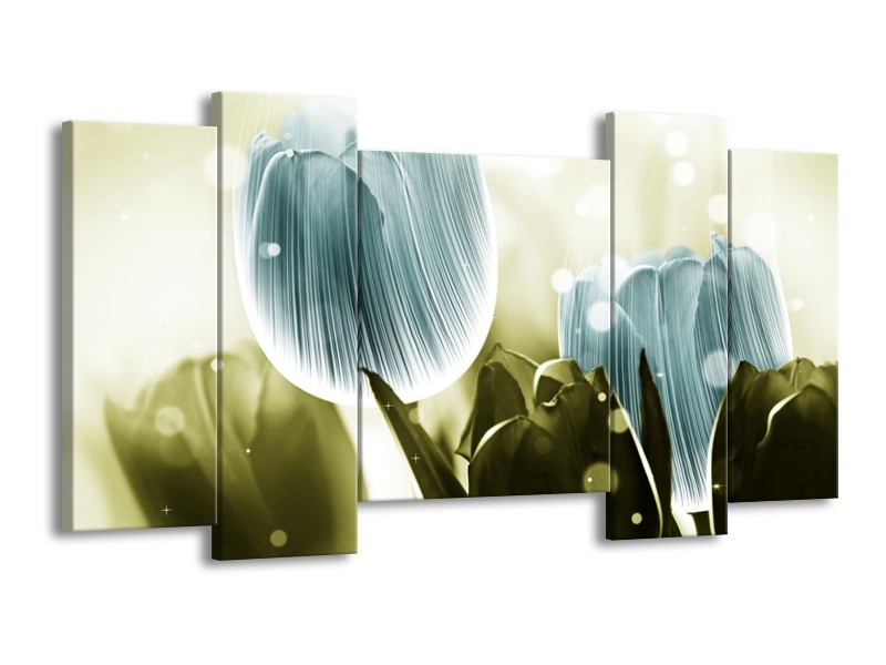 Canvas schilderij Tulp | Blauw, Groen | 120x65 5Luik