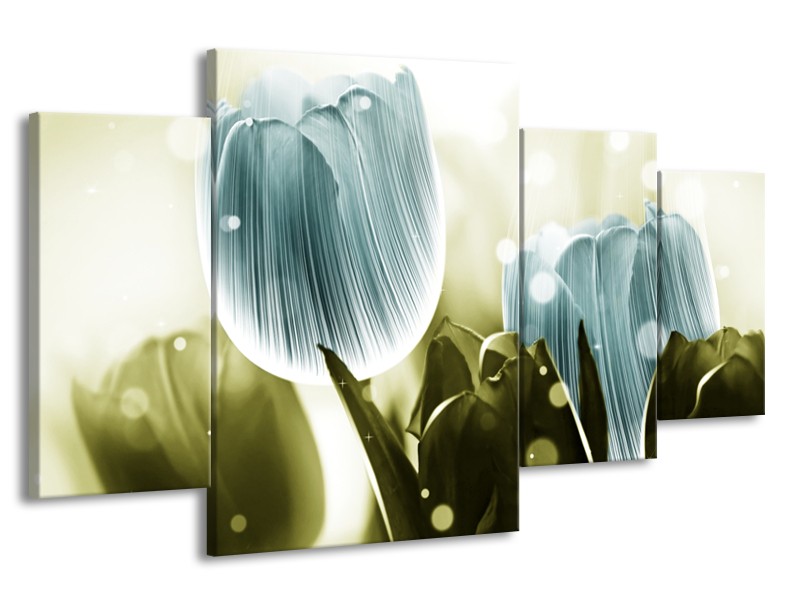 Canvas schilderij Tulp | Blauw, Groen | 160x90cm 4Luik