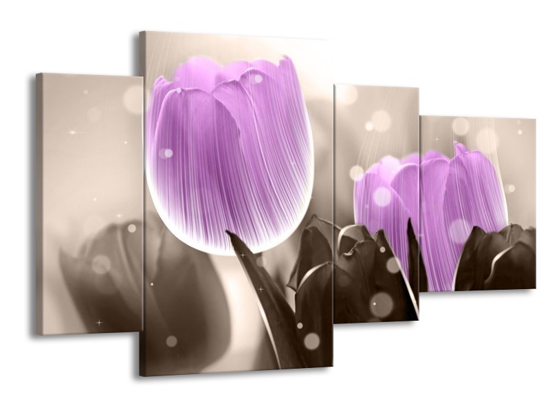 Canvas schilderij Tulp | Paars, Grijs | 120x75cm 4Luik