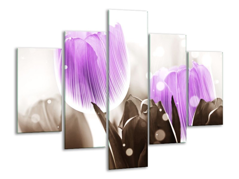Canvas schilderij Tulp | Paars, Grijs | 100x70cm 5Luik
