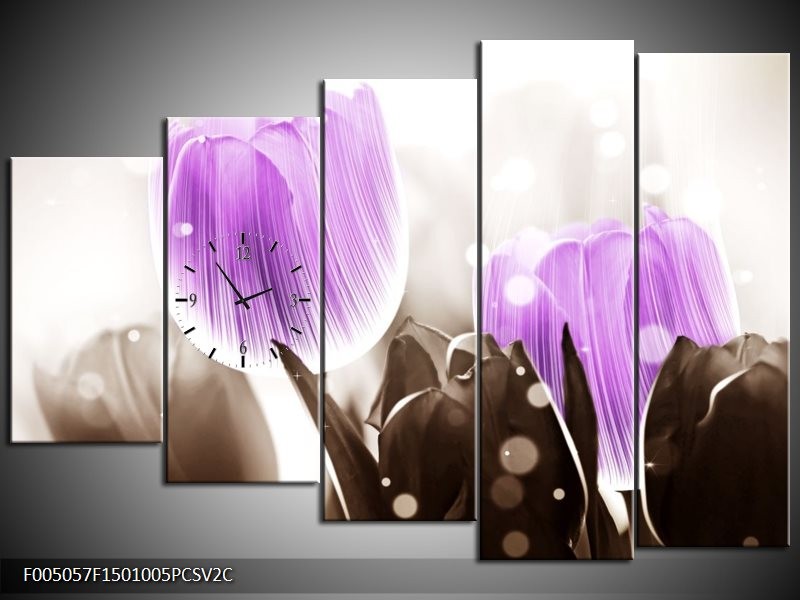 Klok schilderij Tulp | Paars, Grijs | 150x100cm 5Luik