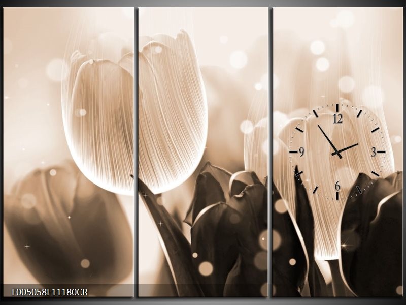 Klok schilderij Tulp | Grijs, Bruin, Zwart | 111x80cm 3Luik