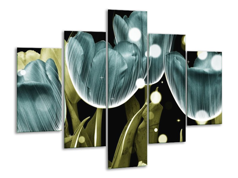 Canvas schilderij Tulp | Blauw, Groen | 100x70cm 5Luik