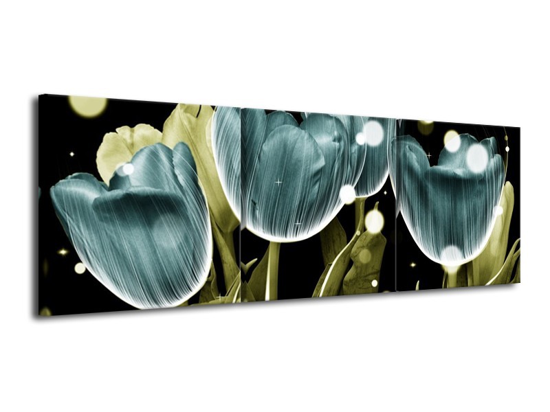 Canvas schilderij Tulp | Blauw, Groen | 120x40cm 3Luik