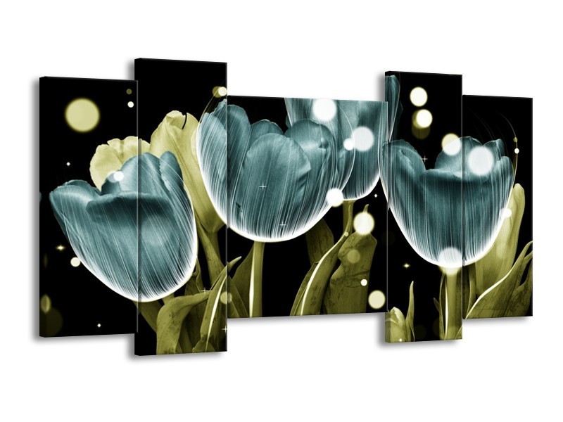 Canvas schilderij Tulp | Blauw, Groen | 120x65 5Luik