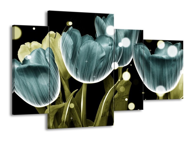 Canvas schilderij Tulp | Blauw, Groen | 120x75cm 4Luik
