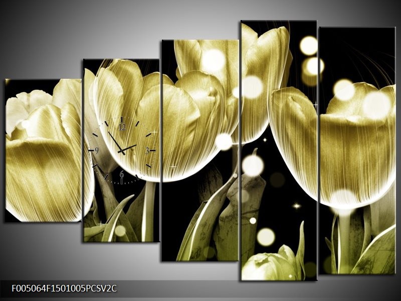 Klok schilderij Tulp | Goud, Zwart | 150x100cm 5Luik