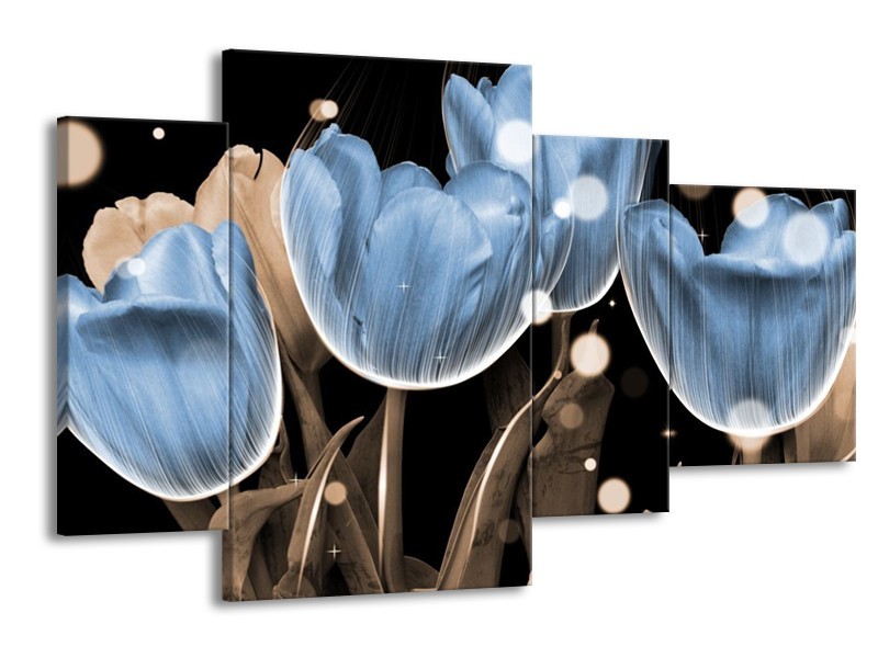 Canvas schilderij Tulp | Blauw, Grijs, Zwart | 120x75cm 4Luik