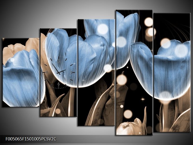 Klok schilderij Tulp | Blauw, Grijs, Zwart | 150x100cm 5Luik