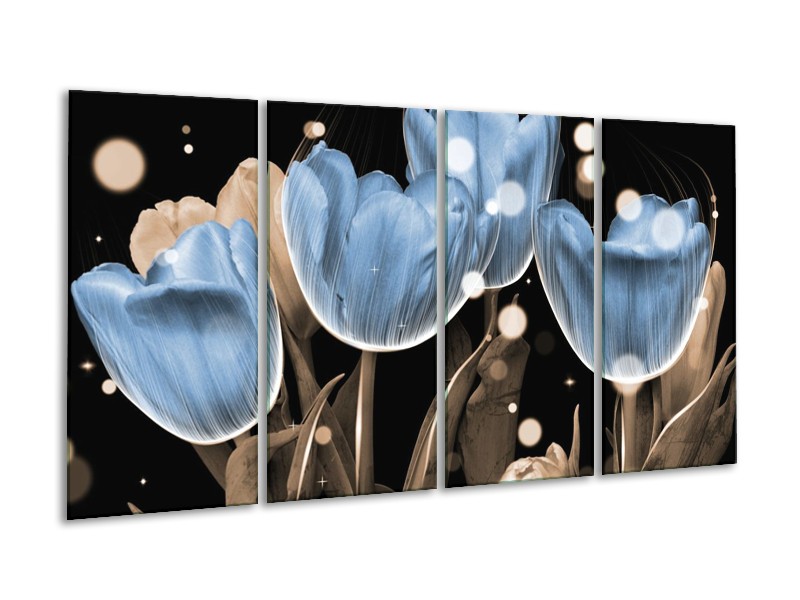 Canvas schilderij Tulp | Blauw, Grijs, Zwart | 160x80cm 4Luik
