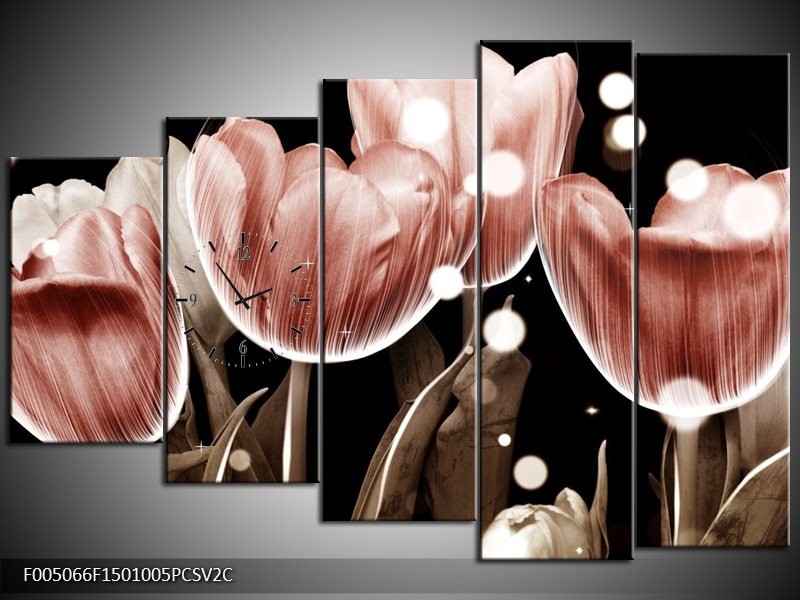 Klok schilderij Tulp | Bruin, Zwart | 150x100cm 5Luik