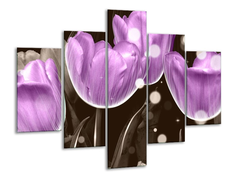 Canvas schilderij Tulp | Paars, Grijs | 100x70cm 5Luik