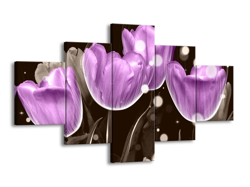 Canvas schilderij Tulp | Paars, Grijs | 125x70cm 5Luik
