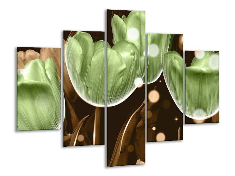 Canvas schilderij Tulp | Groen, Bruin | 100x70cm 5Luik