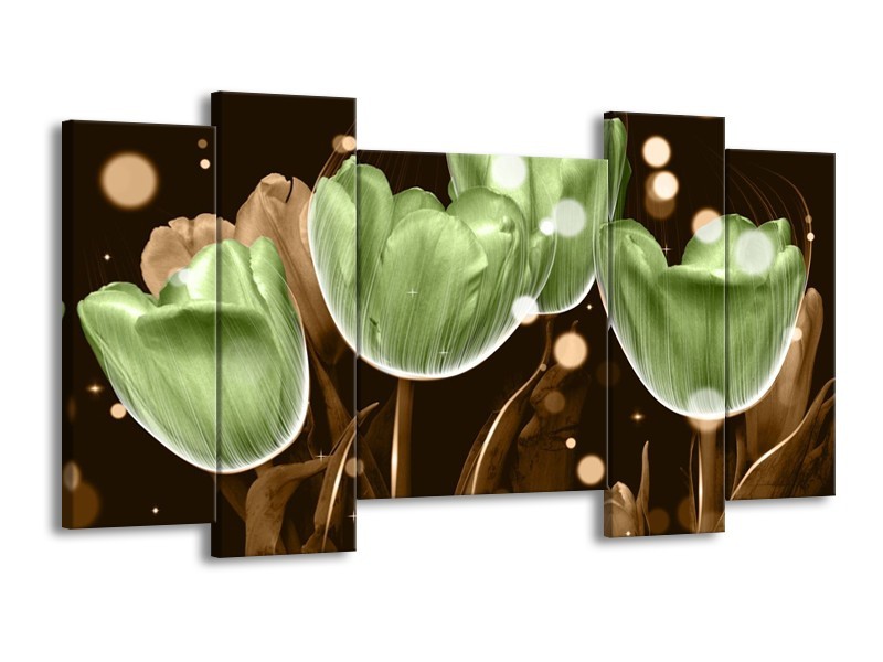 Canvas schilderij Tulp | Groen, Bruin | 120x65 5Luik