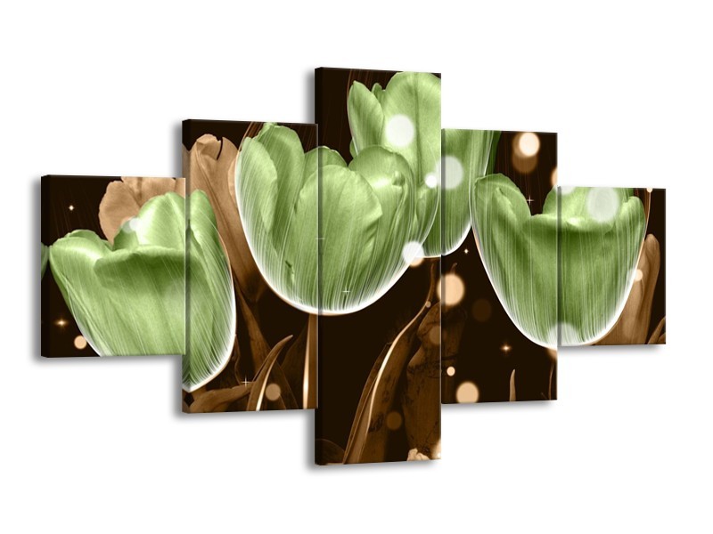 Canvas schilderij Tulp | Groen, Bruin | 125x70cm 5Luik