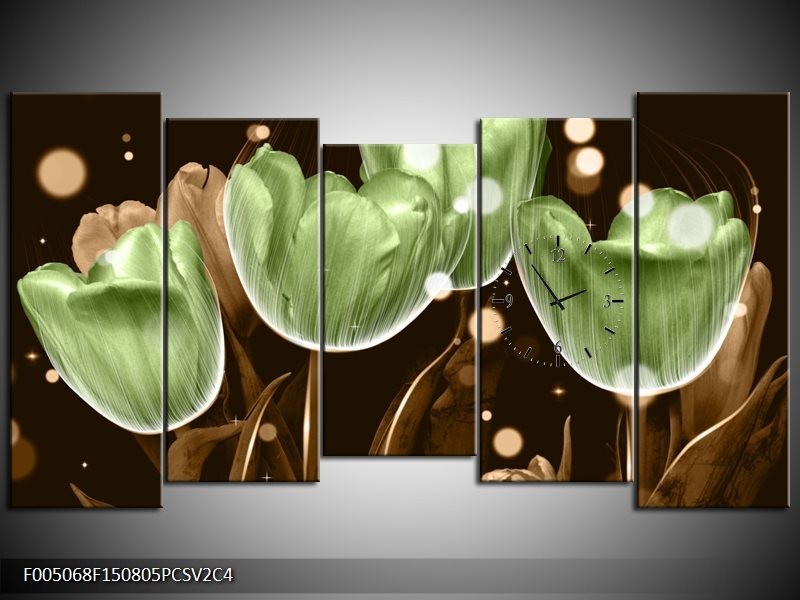 Klok schilderij Tulp | Groen, Bruin | 150x80cm 5Luik