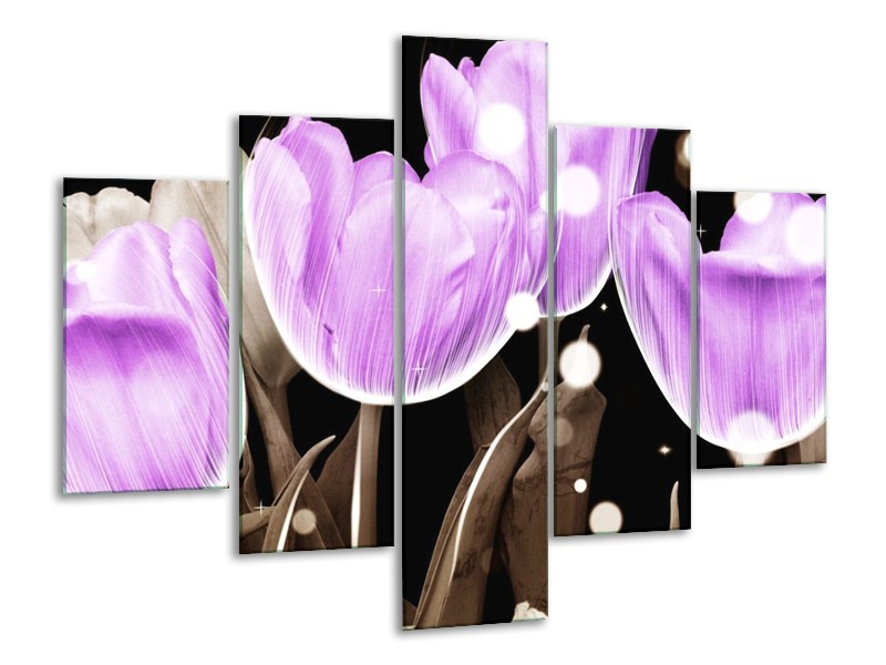 Canvas schilderij Tulp | Paars, Grijs | 100x70cm 5Luik