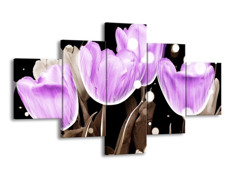 Canvas schilderij Tulp | Paars, Grijs | 125x70cm 5Luik
