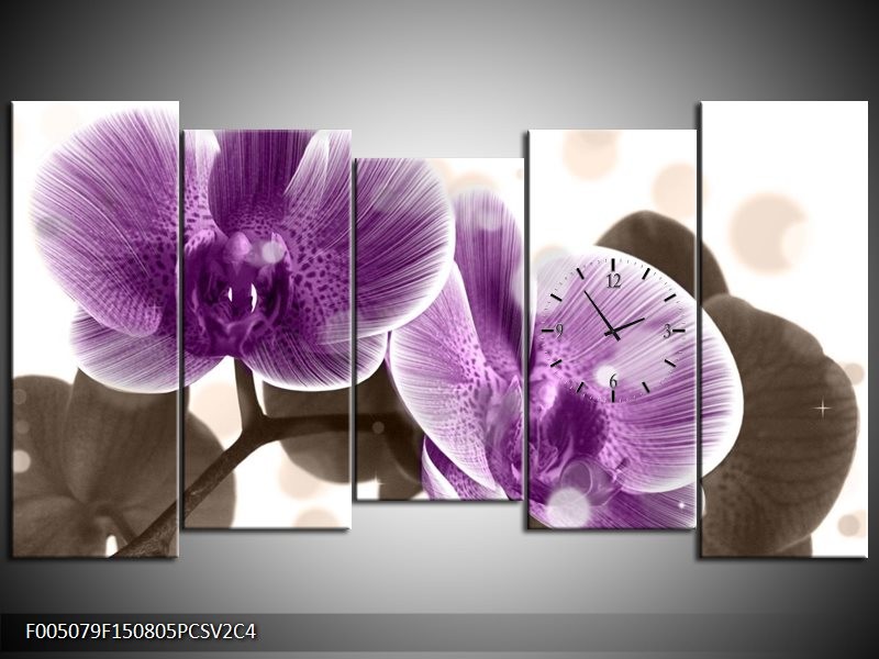 Klok schilderij Orchidee | Paars, Wit | 150x80cm 5Luik