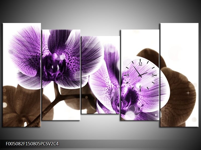 Klok schilderij Orchidee | Paars, Grijs | 150x80cm 5Luik