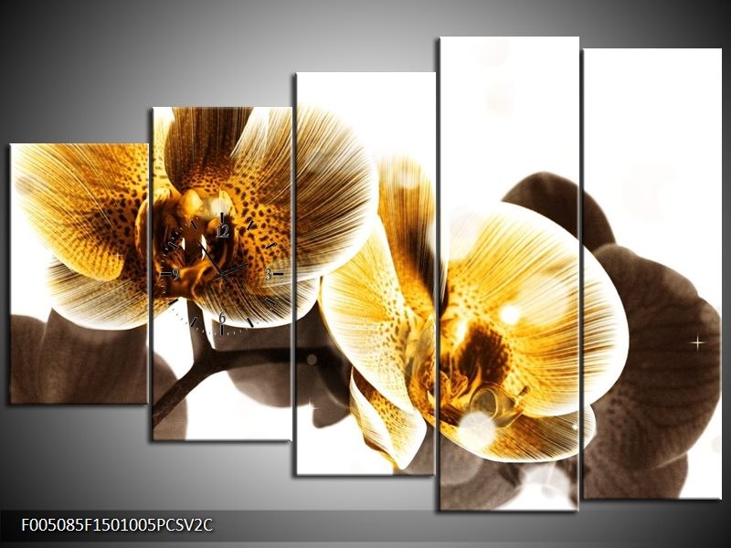Klok schilderij Orchidee | Geel, Bruin, Wit | 150x100cm 5Luik