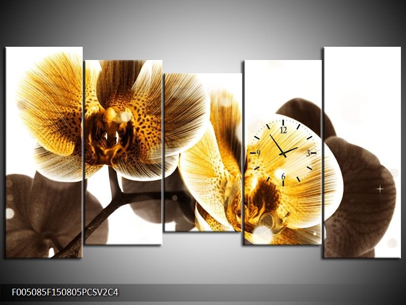 Klok schilderij Orchidee | Geel, Bruin, Wit | 150x80cm 5Luik