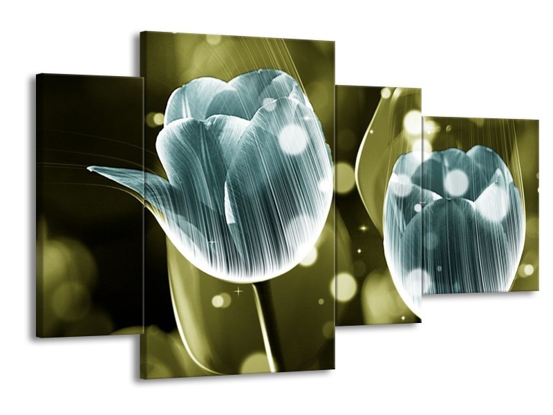 Canvas schilderij Tulp | Blauw, Groen | 120x75cm 4Luik