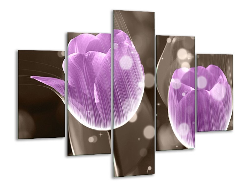 Canvas schilderij Tulp | Paars, Grijs | 100x70cm 5Luik