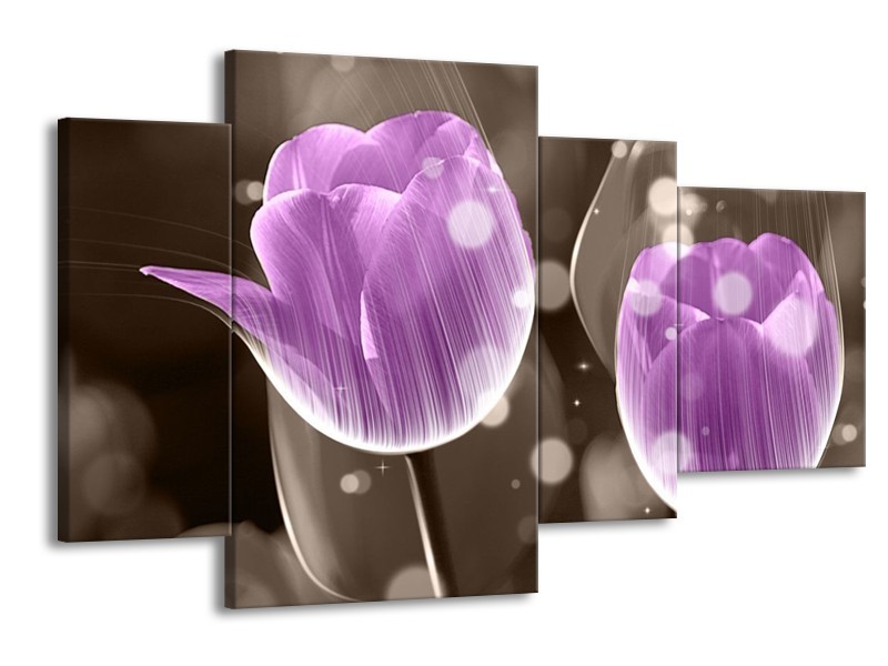 Canvas schilderij Tulp | Paars, Grijs | 120x75cm 4Luik